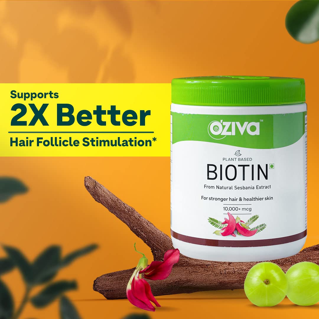 OZiva Biotin For Hair Growth|Biotin Powder for Hair & Healthier Texture, Skin, Nails & Body (With Silica, Sesbania Agati, Vitamin B6),Certified Clean & Vegan, 125g (Lemon)