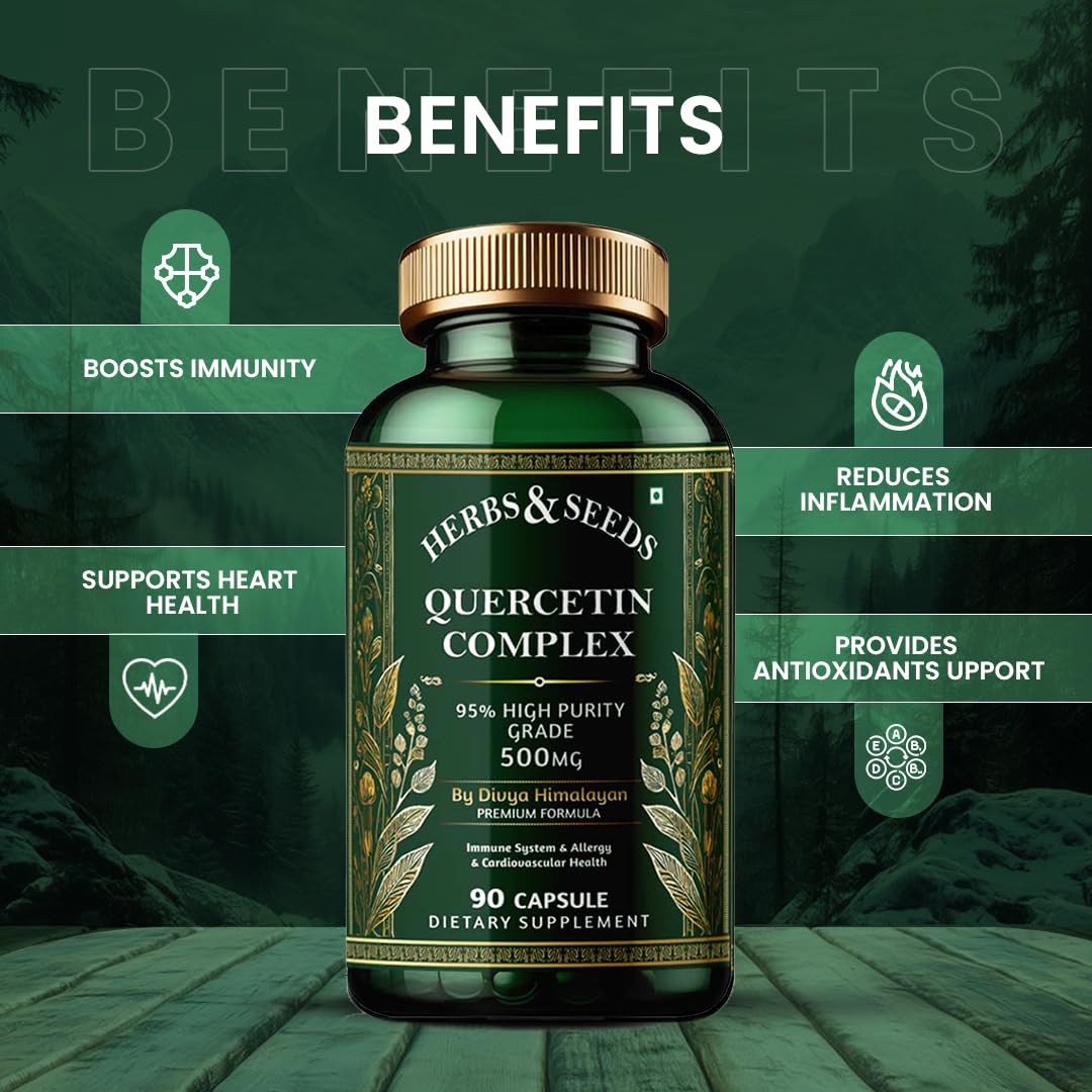 Herbs & Seeds Quercetin Complex supplement bottle with benefits listed on a green background