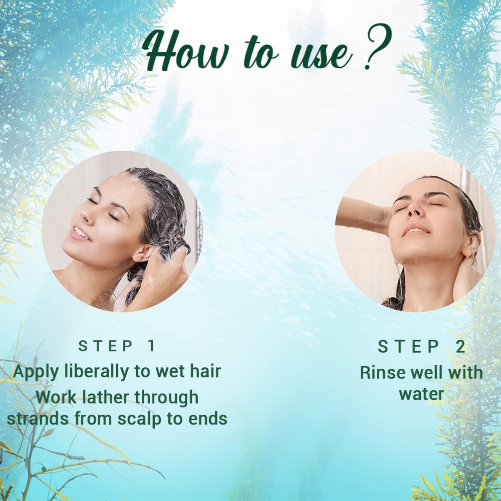 Instructions on how to use a hair care product with two steps shown against a nature-themed background.
