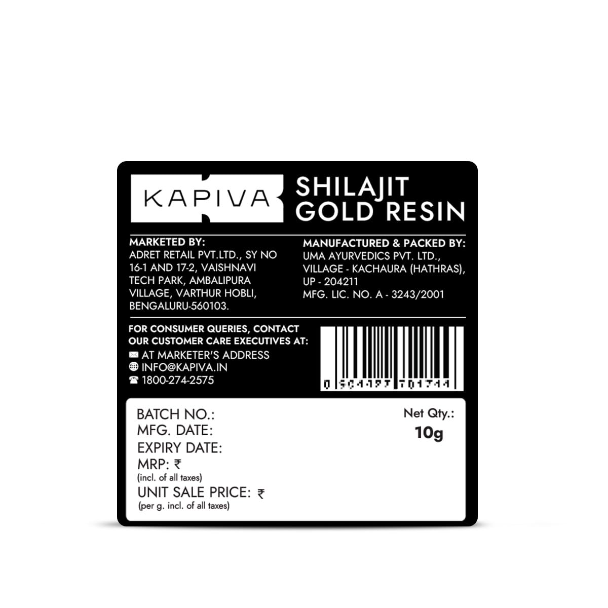 Kapiva Shilajit Gold Resin label with product details on a white background