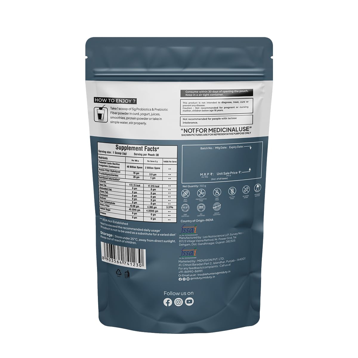 Zephivo Miduty Palak Notes Probiotics Prebiotic Powder for Gut Health - Men - Women - Kids - Patented Lacto Bacillus Coagulans - Immunity Support - Constipation Help- 150 gm