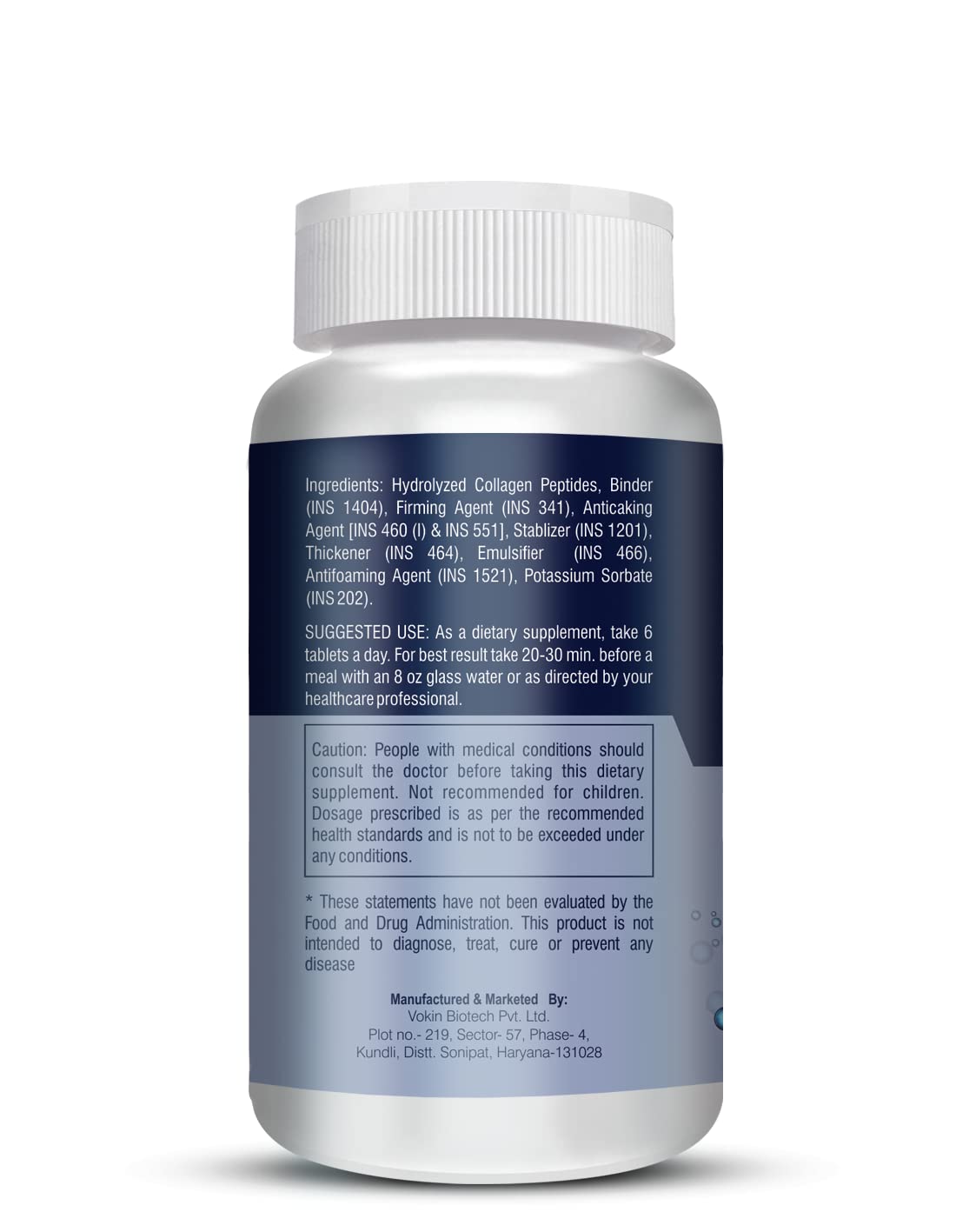 Supplement bottle with a white cap and blue label on a white background