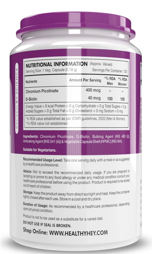 Zephivo HealthyHey Nutrition Chromium Picolinate -Support Glucose Metabolism (High Absorption) 120 Capsules, Non-GMO, Gluten Free
