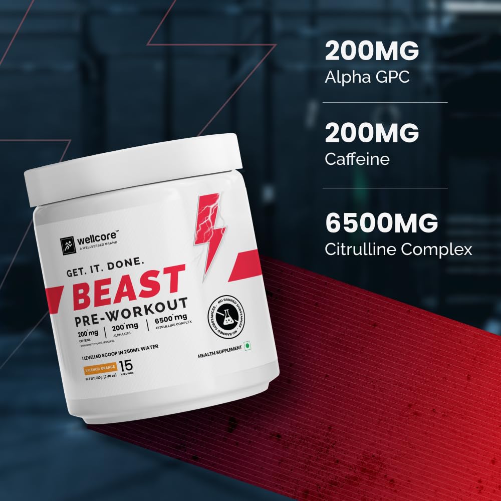 Wellcore-Beast Mode Pre Workout Supplement Powder(210G,15 Servings) Valencia Orange Pre Workout For Men&Women With 200 Mg Alpha Gpc 200 Mg Caffeine 6500Mg Citrulline Complex 1000Mg Creatine