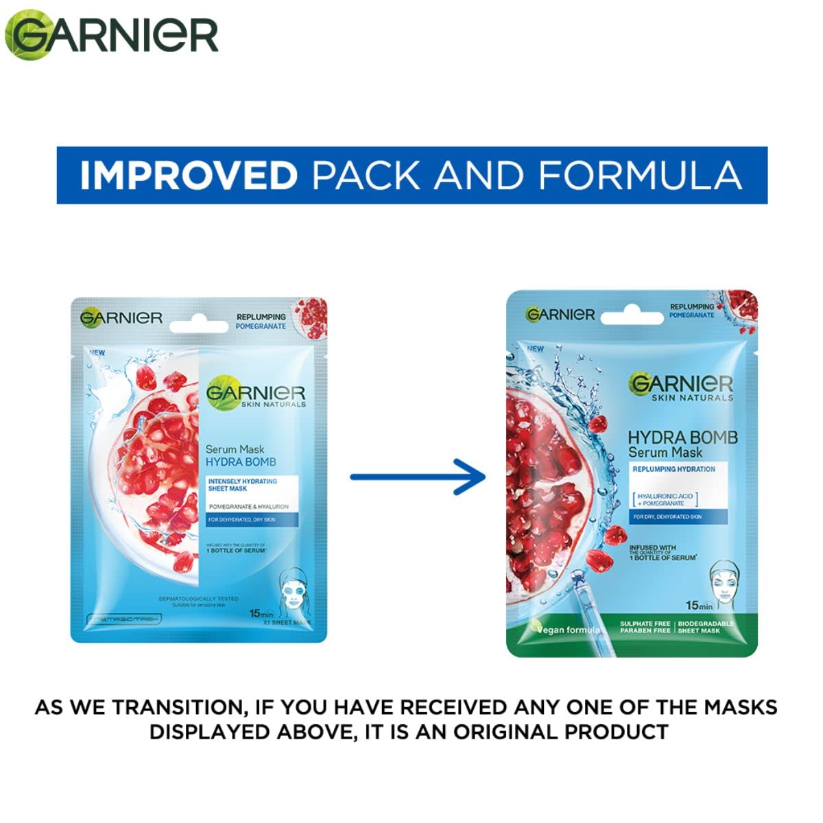 Garnier serum mask packaging comparison with improved design and text about product transition.