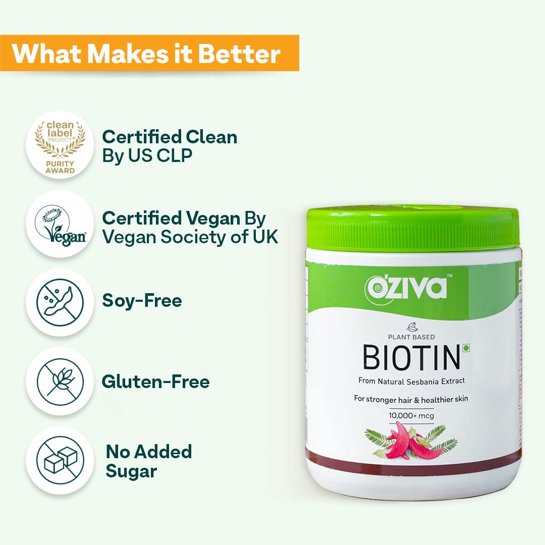 OZiva Biotin For Hair Growth|Biotin Powder for Hair & Healthier Texture, Skin, Nails & Body (With Silica, Sesbania Agati, Vitamin B6),Certified Clean & Vegan, 125g (Lemon)