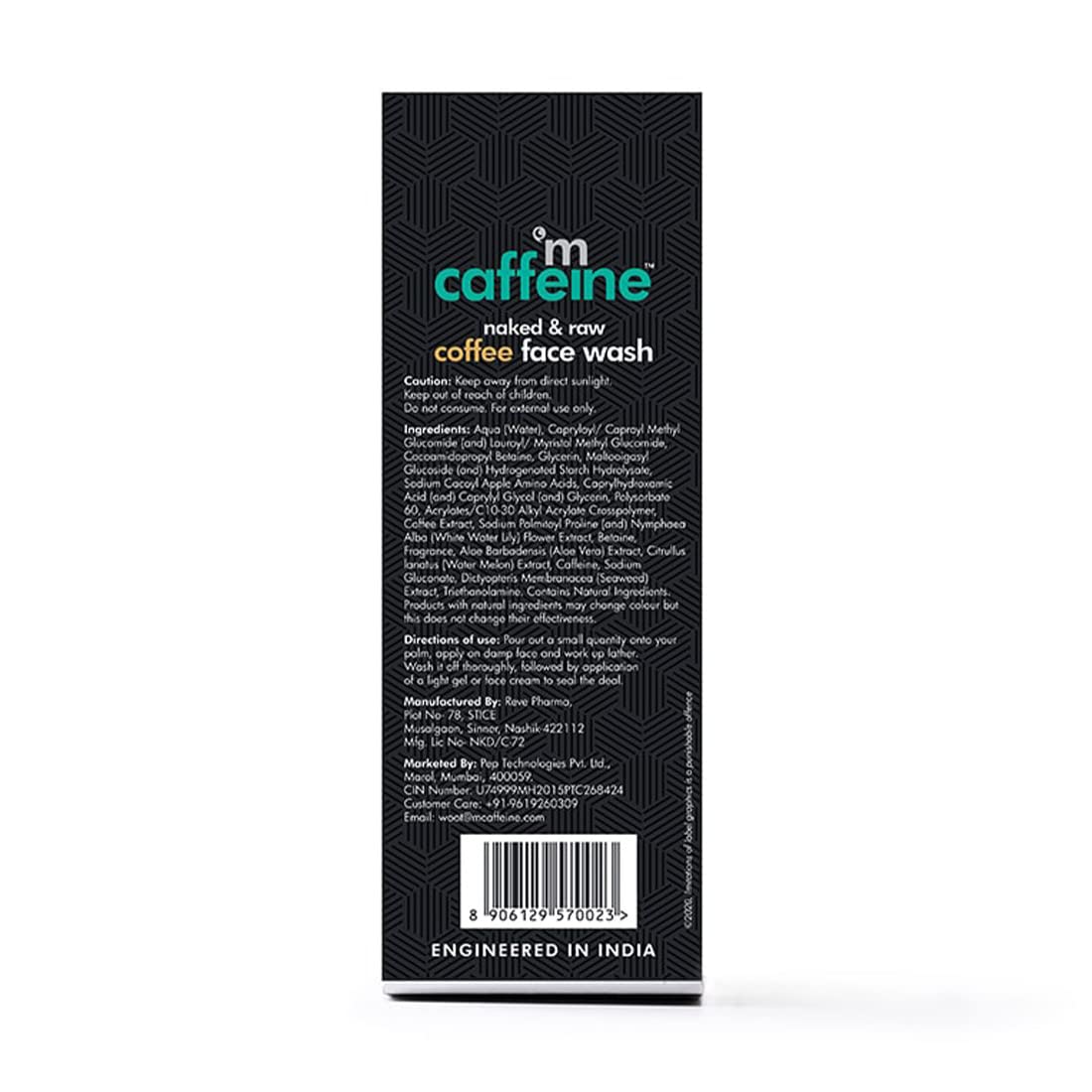 Black box of mCaffeine naked & raw coffee face wash with text and barcode on a white background