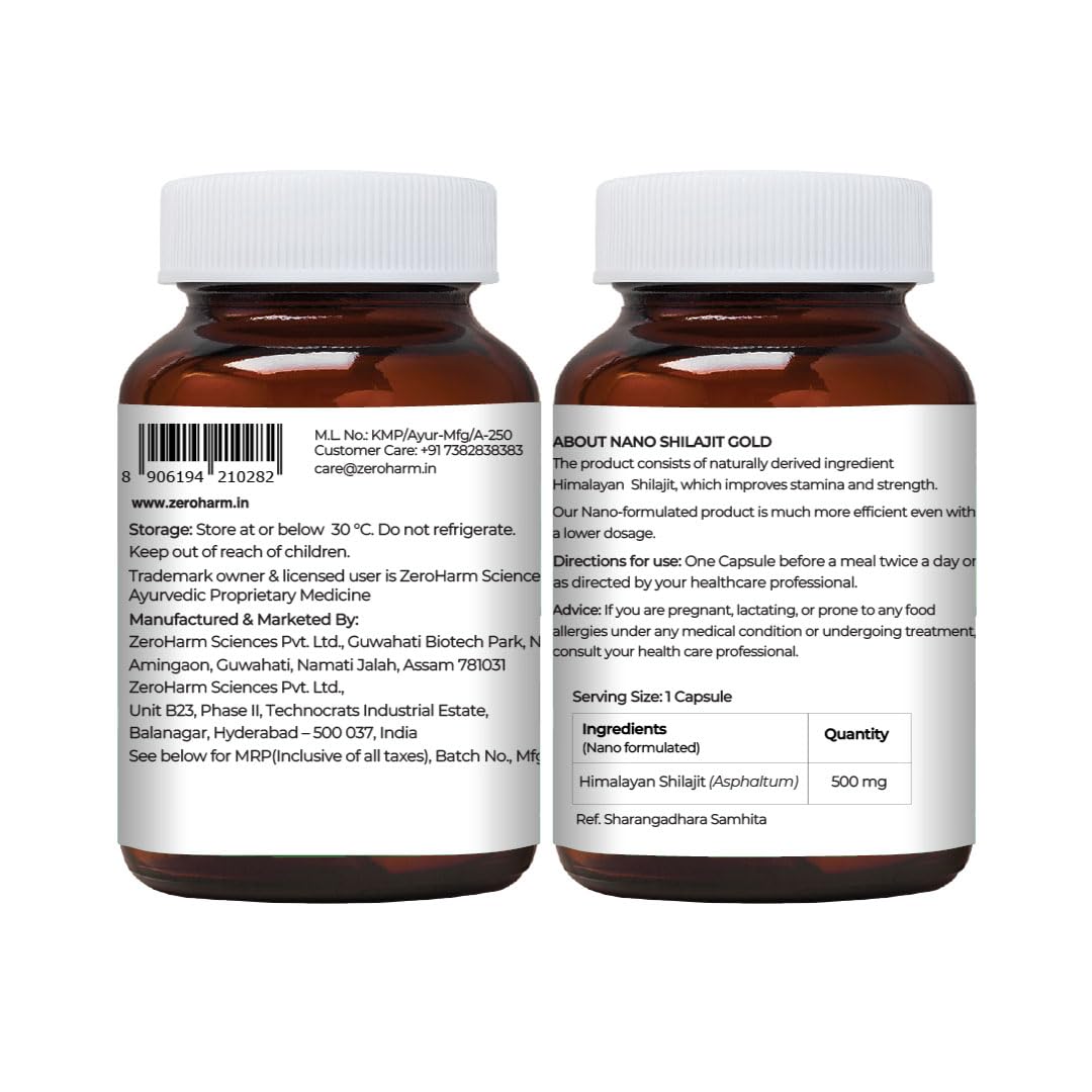 ZEROHARM Nano Shilajit Gold Capsules | Pure Himalayan Shilajit 500mg | Fulvic & Humic Acid | Supports Natural Energy, Stamina & Muscle Growth | Boosts Testosterone Levels for Men | 30 Capsules