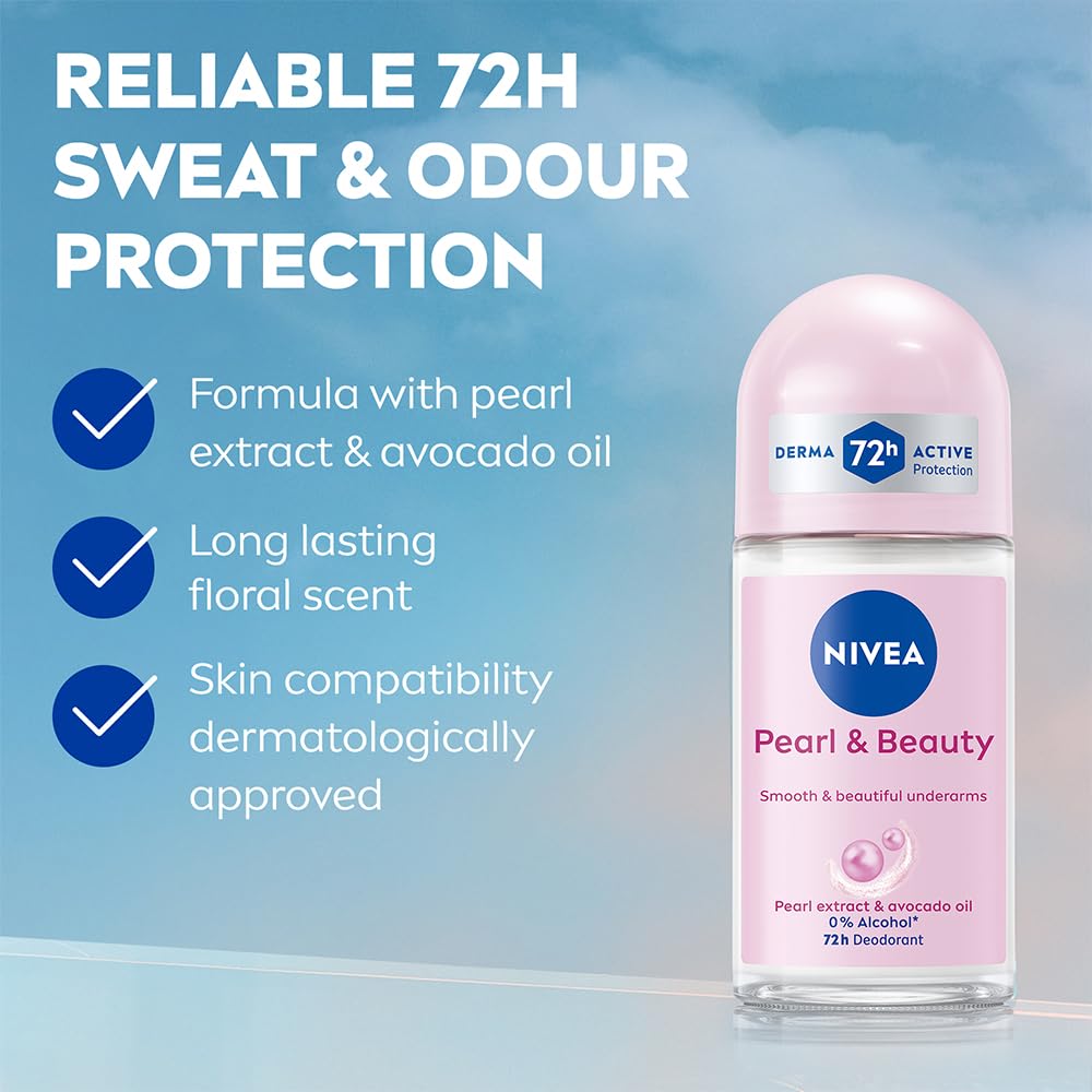 NIVEA Pearl and Beauty 50ml Deo Underarm Roll On | With Pearl Extracts & Avocado Oil | 72 H Long Lasting Floral Scent | 0% Alcohol and Dermat Approved | For Women