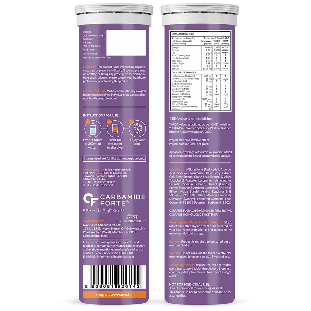 Carbamide Forte Glutathione Effervescent | Japanese Reduced L Glutathione 600mg with Vitamin C, Hyaluronic Acid, Vitamin E & Biotin - 15 Effervescent Tablets