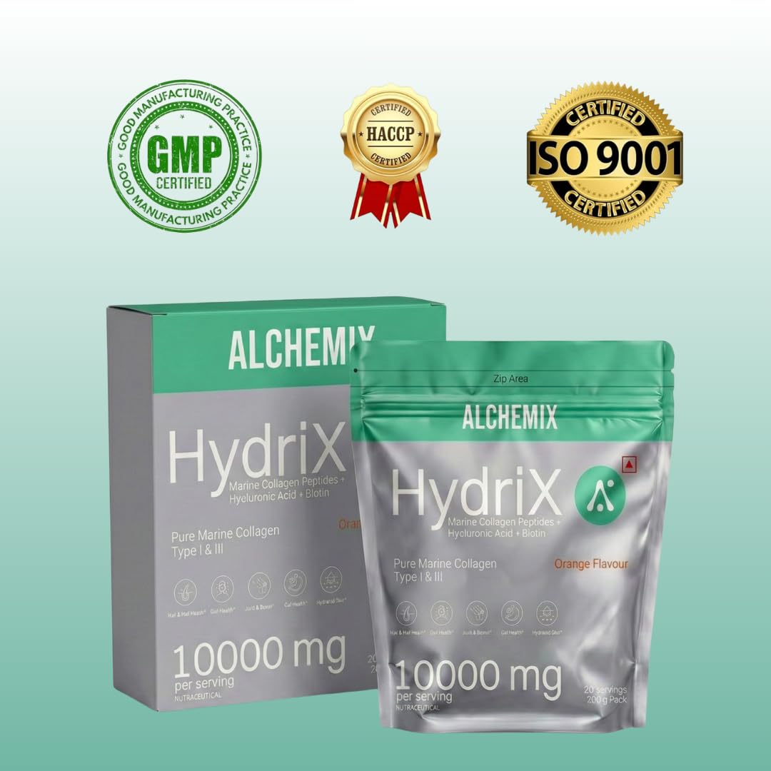 8000mg Korean Marine Collagen Peptides with Hyaluronic Acid, Vitamin C, Biotin & Zinc for Women & Men | 200g Hydrolyzed Collagen Powder | Supports Skin Radiance, Glow, Hair, Nails, Bone & Joint | Orange | 20 Servings | Alchemix Hydrix