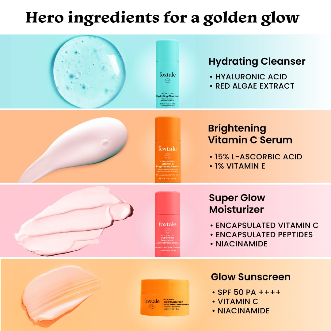 Foxtale On the Glow Travel Kit | Vitamin C, Niacinamide & Peptides | Brightening & Hydrating Skincare Set | For Glowing Skin | Travel Pouch Included | Pack of 4 | Travel & Pocket Friendly | Gift for Birthday and Anniversary