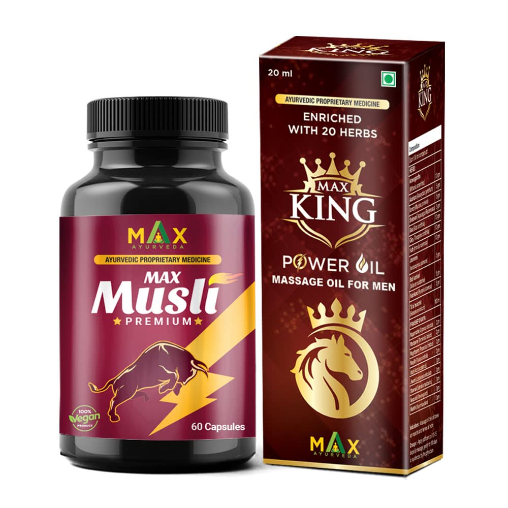 Max Ayurveda Musli Premium Capsules & King Power Ayurvedic Herbal Massage Oil For Men - Combo Pack (30 Capsules + 1 Oil Bottle)