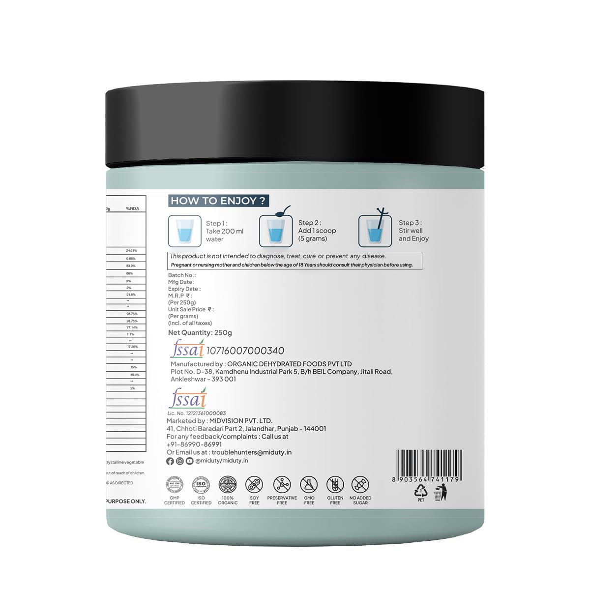 Zephivo Miduty Palak Notes 100% Organic Super Greens Powder Alkalizing with Wheat Grass, Spirulina, Green Tea, and Moringa Leaves - Ultimate Body Detox & Weight Loss Support - 250 grams