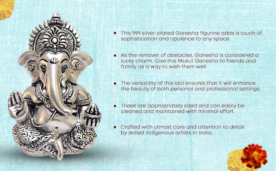 Gold Art India 999 Matte Silver Plated Antique Mukut Ganesha - 3.5" - Perfect for Gifting, Home Decor, Car Dashboard Murti Ganpati Idol for Home Decor Puja Statue Gift for Office Desk Puja Room, God