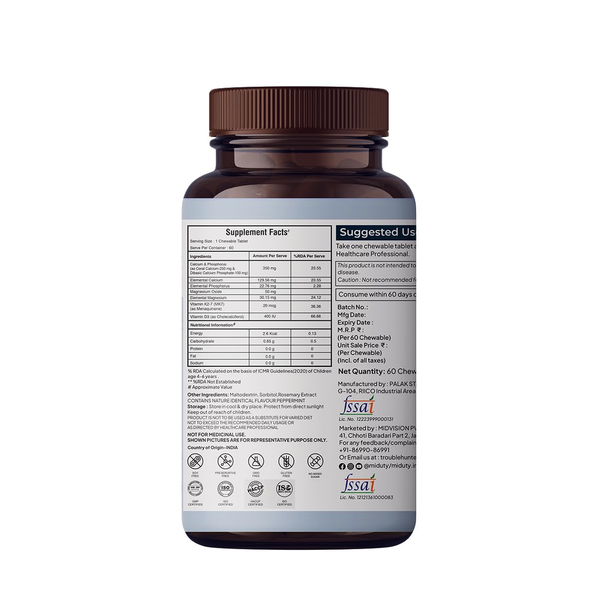 Zephivo Miduty by Palak Notes Kids Calcium with Vitamin D3 - K2 Magnesium No Sugar Added for Strong Bones, Brain Function, Immunity Booster, Strong Teeth Calcium Supplement Kids Multivitamin - 60 Chewables