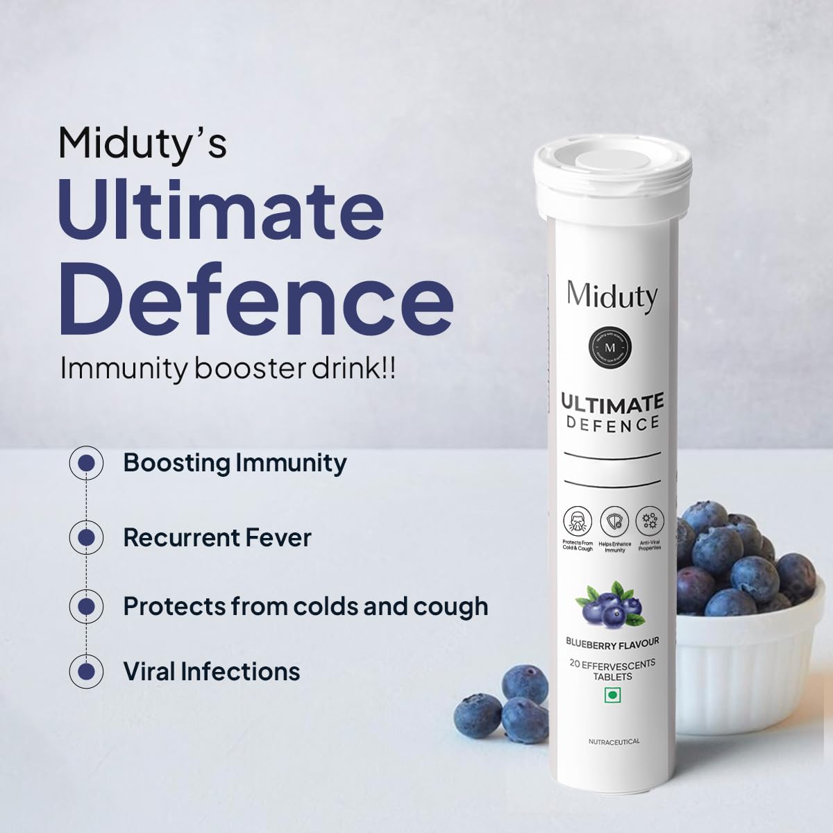 Zephivo Miduty By Palak Notes Ultimate Defence - Amla Extract - Vitamin C - Wheatgrass - Immune Support Booster - Blueberry flavour - 20 effervescent tablets