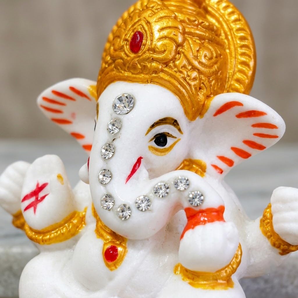 Chaturbhuj Ganpati Idol White Marble Statue, Matte Finish Ganesh Murti for Puja, Mandir, Home Decor, Diwali, Ganesh Chaturthi, Festivals & Gifting