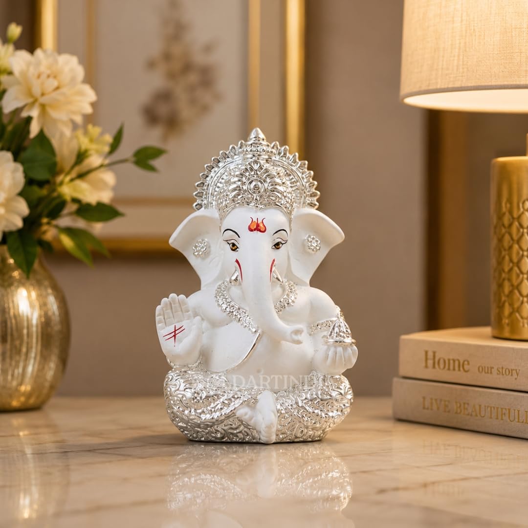 Gold Art India Ganesha Idol 999 Silver Plated White Finish Lord Ganesh Murti for Home Decor, Car Dashboard, Mandir & Office | Premium Ganesh Statue for Diwali, Wedding & Spiritual Gift | 3.5 Inch