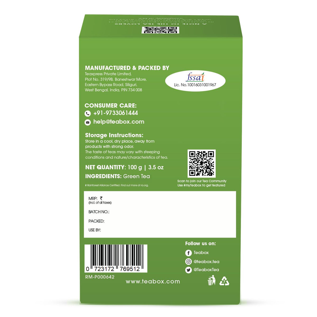 Teabox Green Tea Loose Leaves | Made with Whole Leaf, Sourced from Highlands | 0% Bitterness Assured | 100G