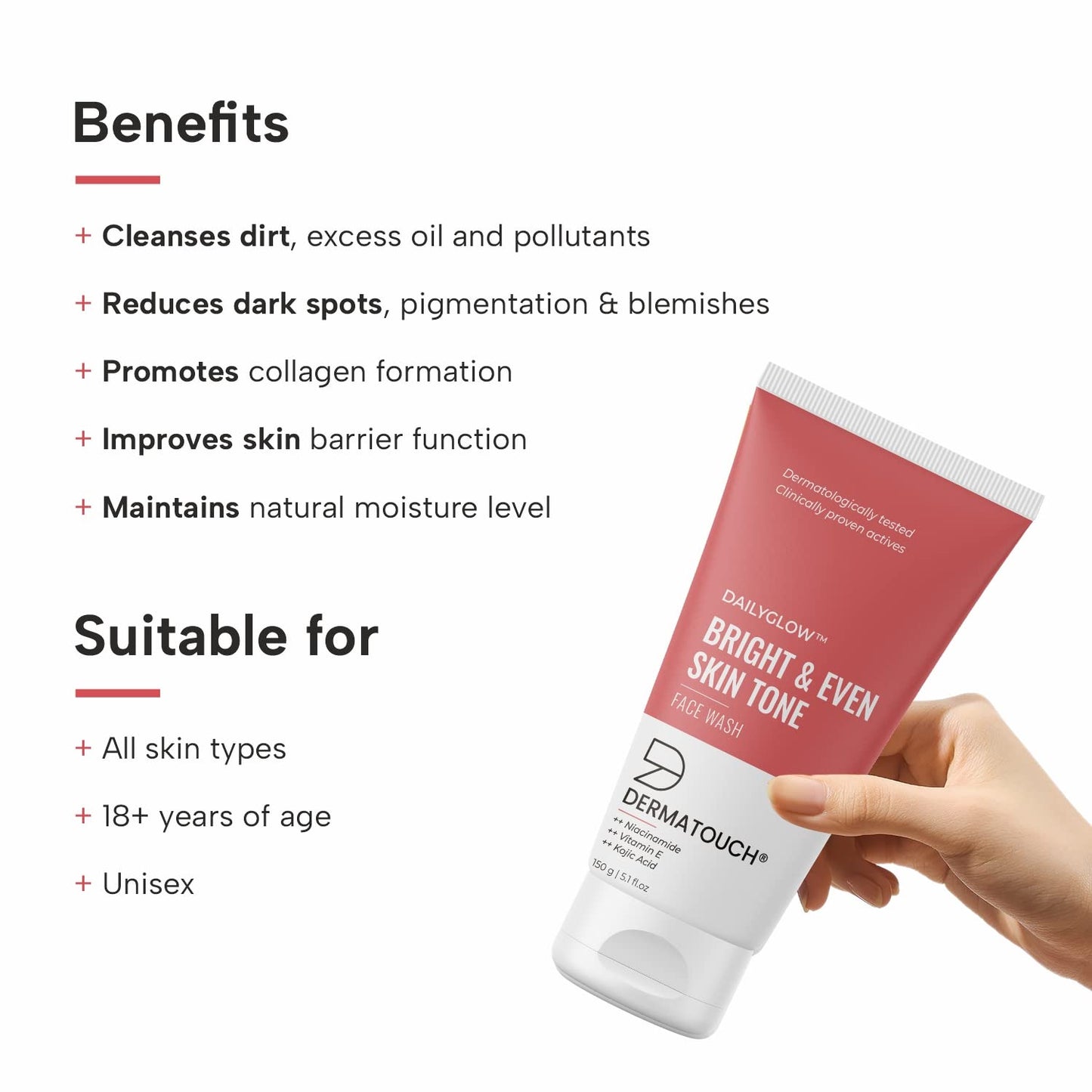 DERMATOUCH Bright & Even Tone Face Wash with Niacinamide, Vitamin E and Kojic Acid | Daily Gentle Face Cleanser For Tan, Pigmentation, Uneven Tone -150G
