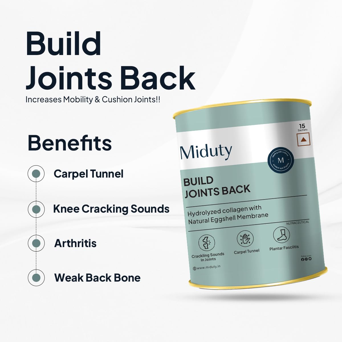 Zephivo Miduty By Palak Notes Build Joints Back For Rheumatoid Arthritis Supplement - Collagen Peptides Natural Egg Membrane, Boswellia and Glucosamine - Joint Pain Relief Supplement - 15 Sachets