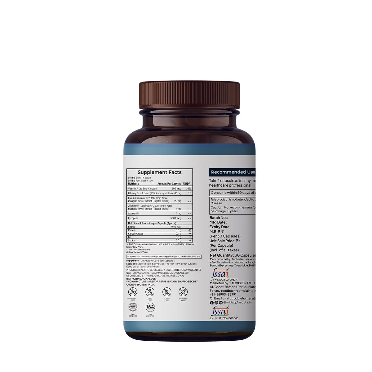 Zephivo Miduty by Palak Notes Eye Vision Shield Supplement for Dry Eyes Bilberry Fruit Extracts, Lutein, Beta Carotene, Zeaxanthin, Astaxanthin, Lycopene - Eye Vitamin for Blurry Vision - 30 Capsules