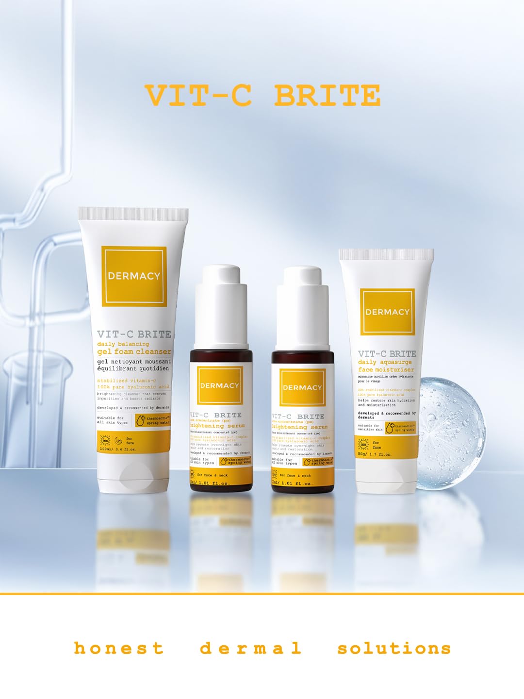 Dermacy Vit - C Brite Daily Aquasurge Face Moisturiser | Restores Skin Hydration and Moisturisation | 20% Stabilized Vitamin - C Complex + 100% Pure Hyaluronic Acid + ThermoActiv Spring Water | Suitable for All Skin Types | 50g