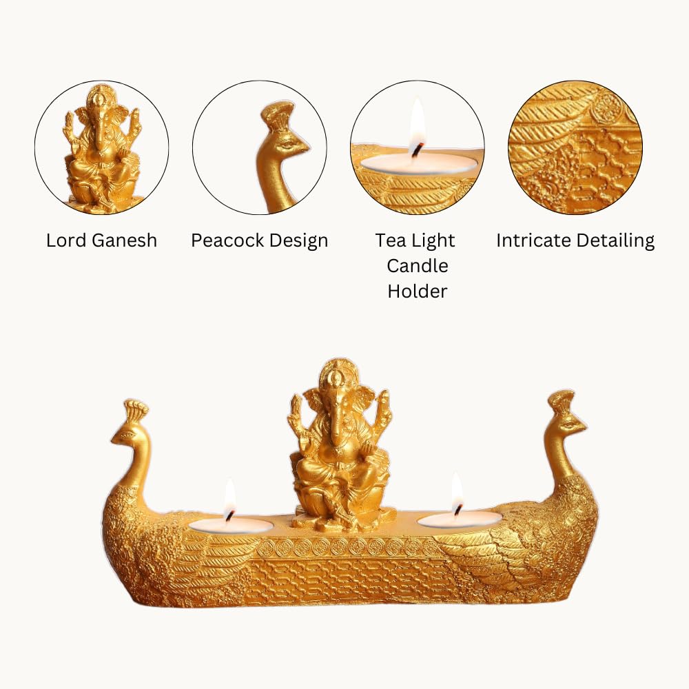 Gold Plated Ganesha Idol Statue Sitting On Peacock Boat with Tea Light Holders | Showpiece for Table, Living Room, Home Decoration