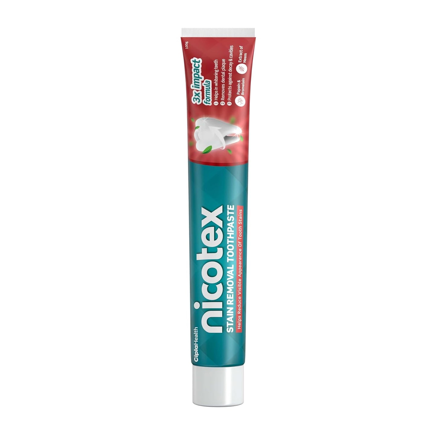 Cipla Nicotex Stain Removal Toothpaste | Teeth Whitening, Plaque Removal, Protection Against Decay And Cavities | Papain, Bromelain, Neem Extract, Meswak Extract | With Fluoride | Sls Free | 100G