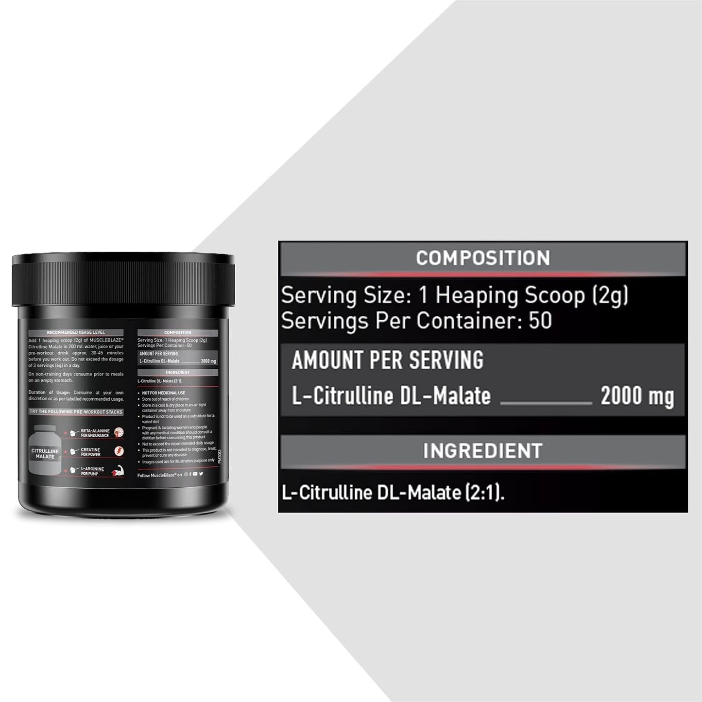 MuscleBlaze Citrulline Malate Powder(Unflavoured,100 G)| Supports Endurance & Muscle Pump,1 Count,50 Servings