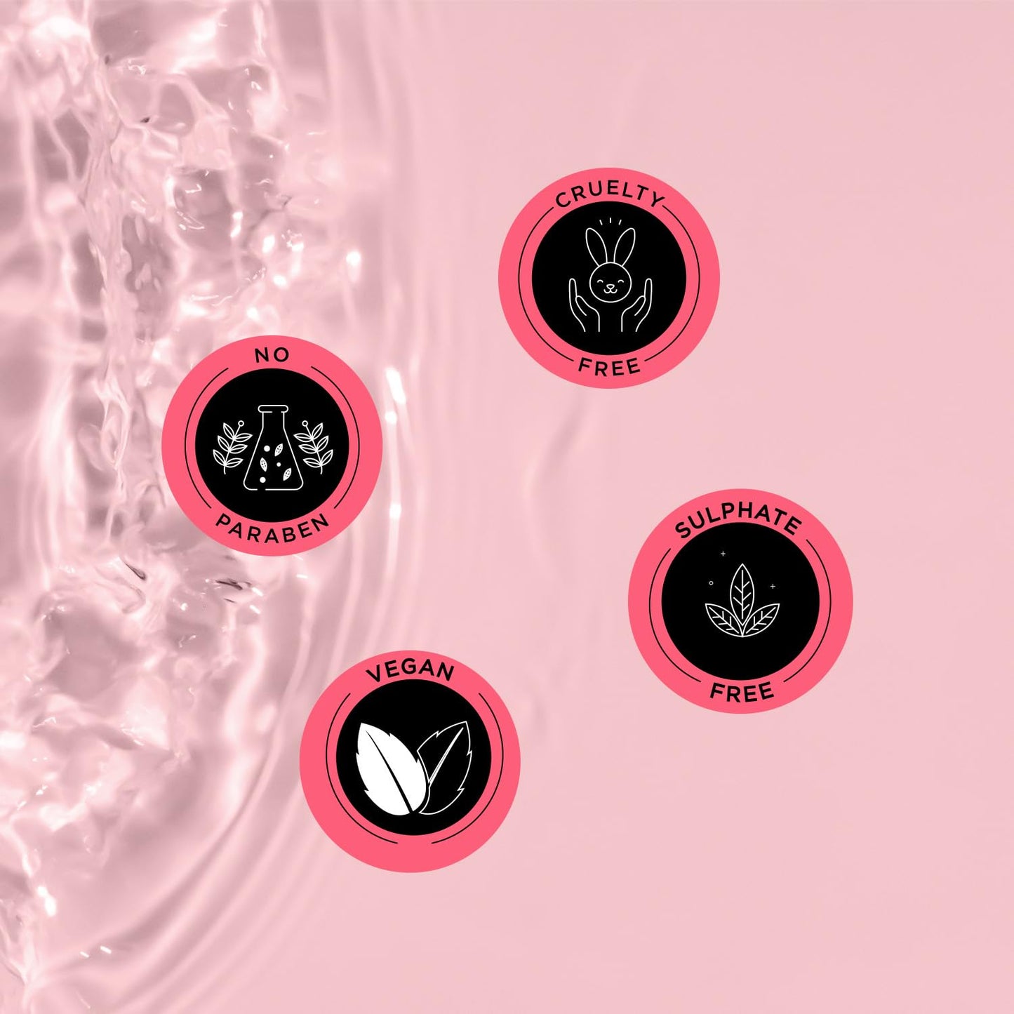 Four circular icons on a pink background with text indicating 'No Paraben', 'Cruelty Free', 'Vegan', and 'Sulphate Free'.