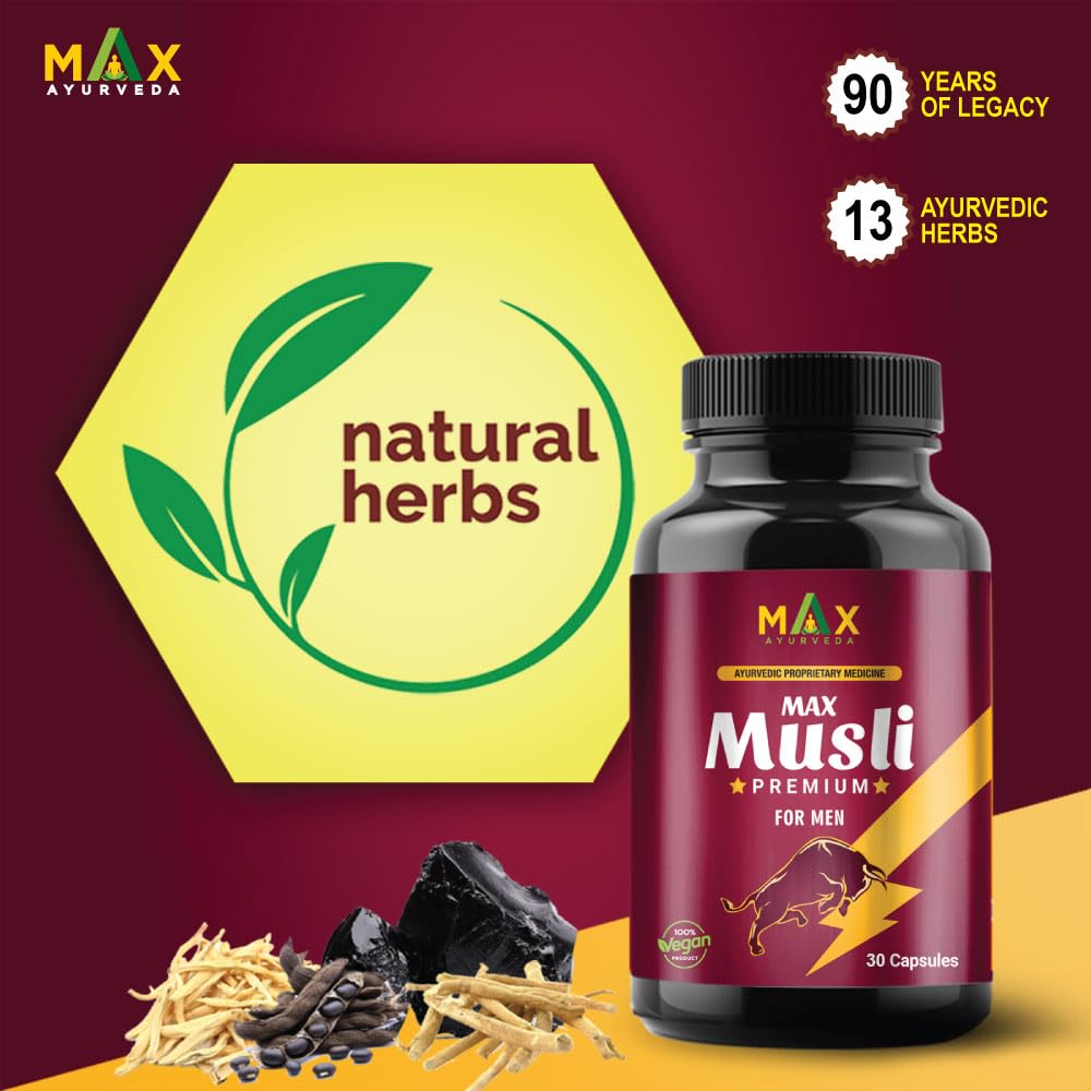 Max Ayurveda Musli Premium Capsules For Men | Strength, Power, & Vitality Booster | 100% Vegan and GMP Certified - 30 Capsules, Pack of 1