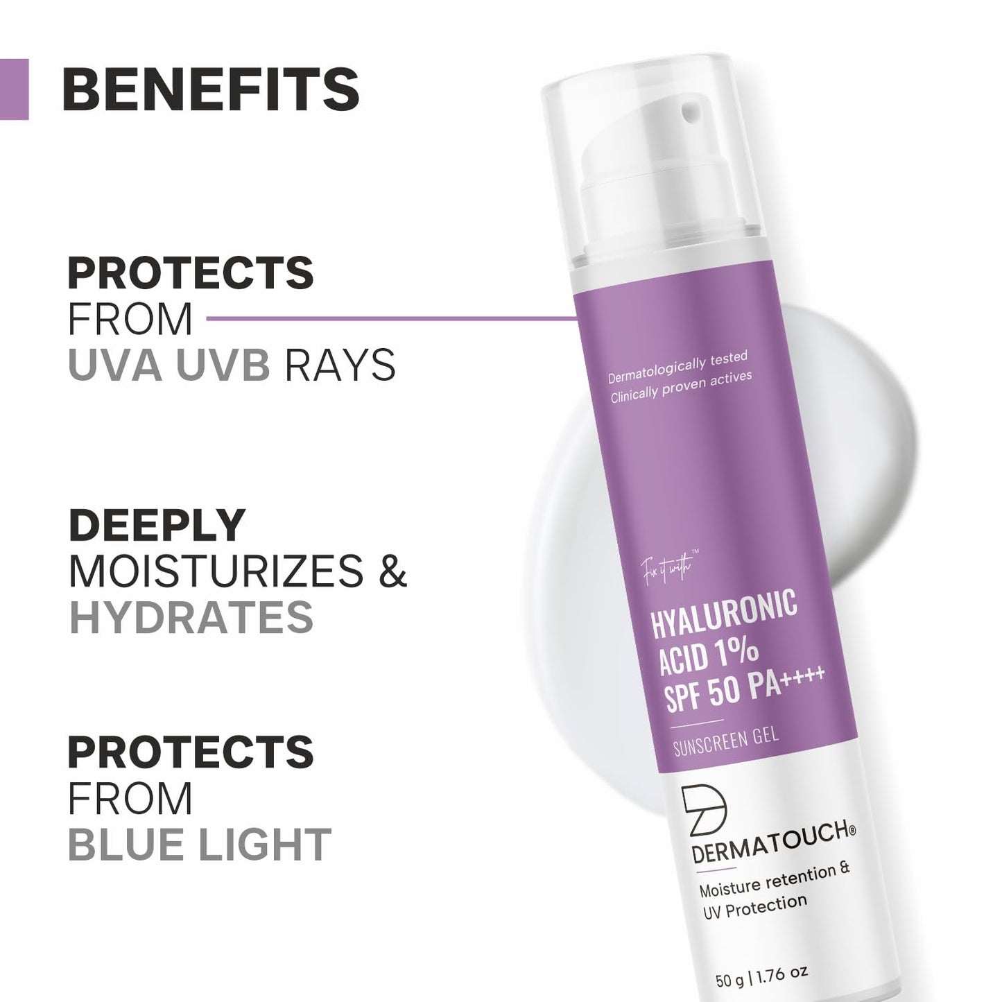 DERMATOUCH HYALURONIC ACID 1% SUNSCREEN | SPF 50 PA++++ | FOR ALL SKIN TYPES | NO WHITE CAST | 50G