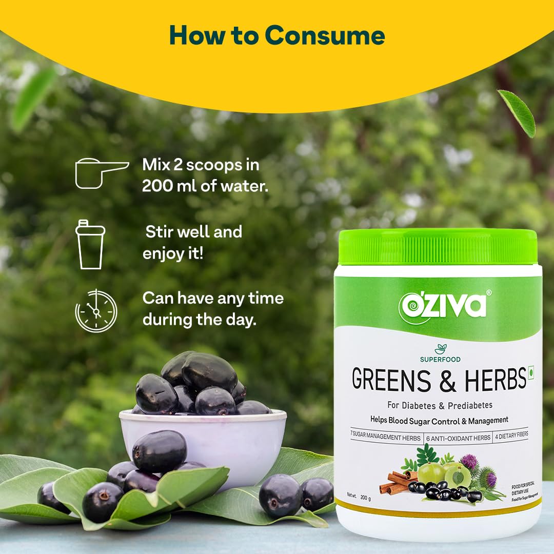 OZiva Superfood Greens & Herbs for Diabetes and Prediabetes Powder, 200g| OZiva Greens & Herbs for Sugar Control and Diabetes Management (with Moringa, Milk Thistle, and Fenugreek)