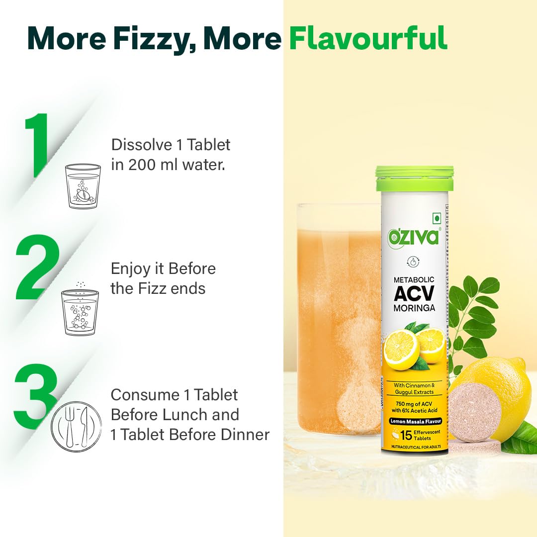 OZiva ACV Moringa | Control Cravings I Apple Cider Vinegar, Cinnamon I No Maltodextrin & No Added Sugar I 15 Effervescent Lemon Masala & Green Apple, Pack of 2 (30 Tablets)