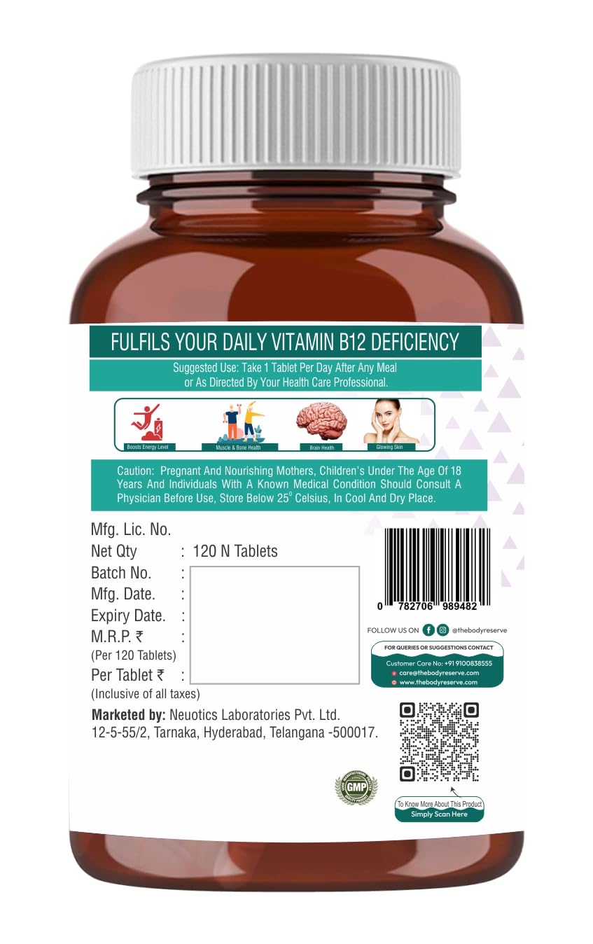 THE BODY RESERVE Vitamin B12 Tablets 1500 mcg as Methylcobalamin Vitamin B12 Supplements for Men & Women -120 Veg tablets (4 Months Supply Pack)