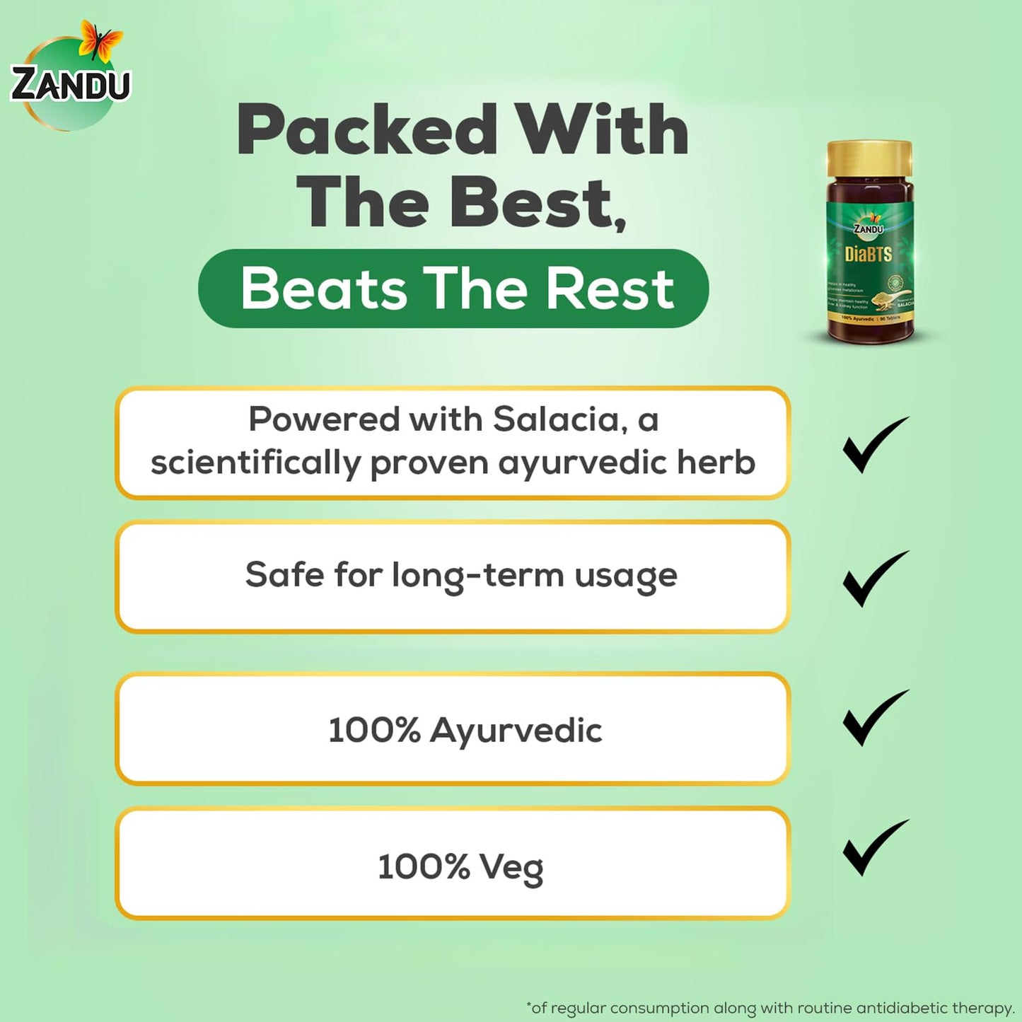 Zandu DiaBTS Tablets|Clinically Proven for results in 3 months| Safe, Natural & 100% Ayurvedic | Helps maintain Healthy Glucose Metabolism |Salacia for Healthy Sugar Management | 90 Tablets