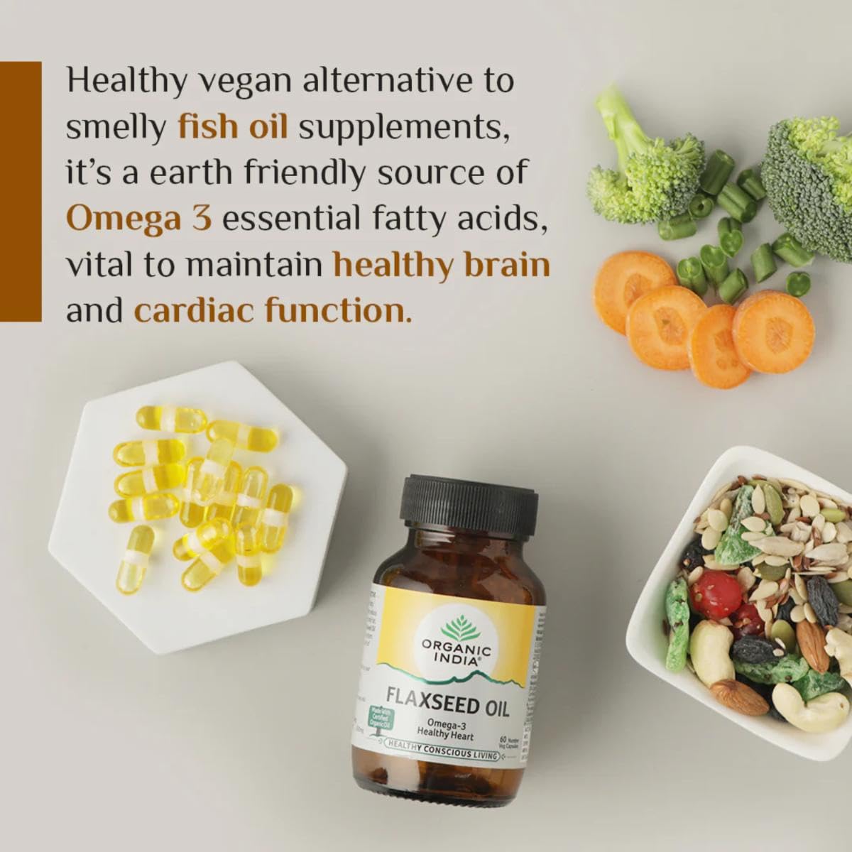Flaxseed oil bottle with capsules and vegetables on a light background