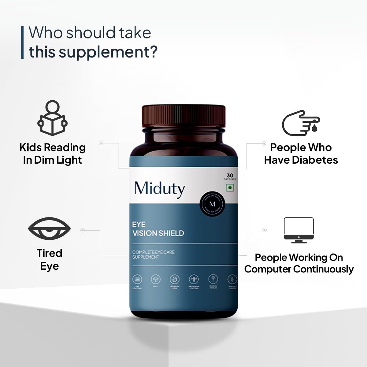 Miduty by Palak Notes Eye Vision Shield Supplement for Dry Eyes Bilberry Fruit Extracts, Lutein, Beta Carotene, Zeaxanthin, Astaxanthin, Lycopene - Eye Vitamin for Blurry Vision - 30 Capsules
