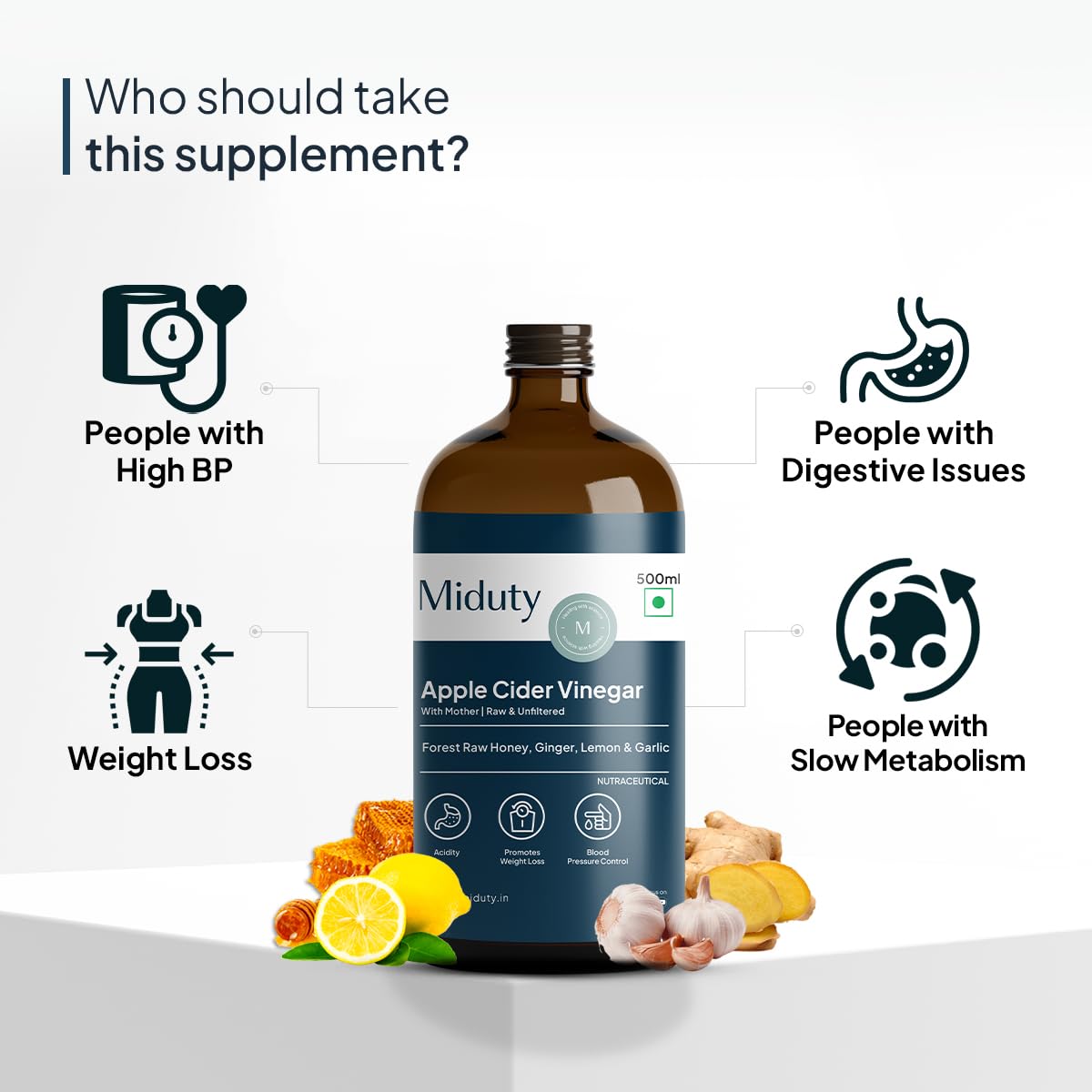 Zephivo Miduty Palak Notes Apple Cider Vinegar | Apple Cider Vinegar supplement | Weight loss Supplement | Apple Cider Vinegar syrup | Digestive enzyme Supplement (Honey, Ginger, Lemon, Garlic)