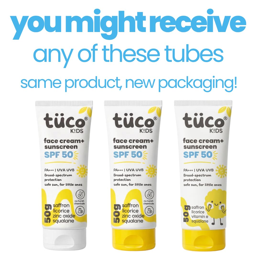 Three tubes of tüco Kids face cream and sunscreen SPF 50 on a white background with text about packaging variations.
