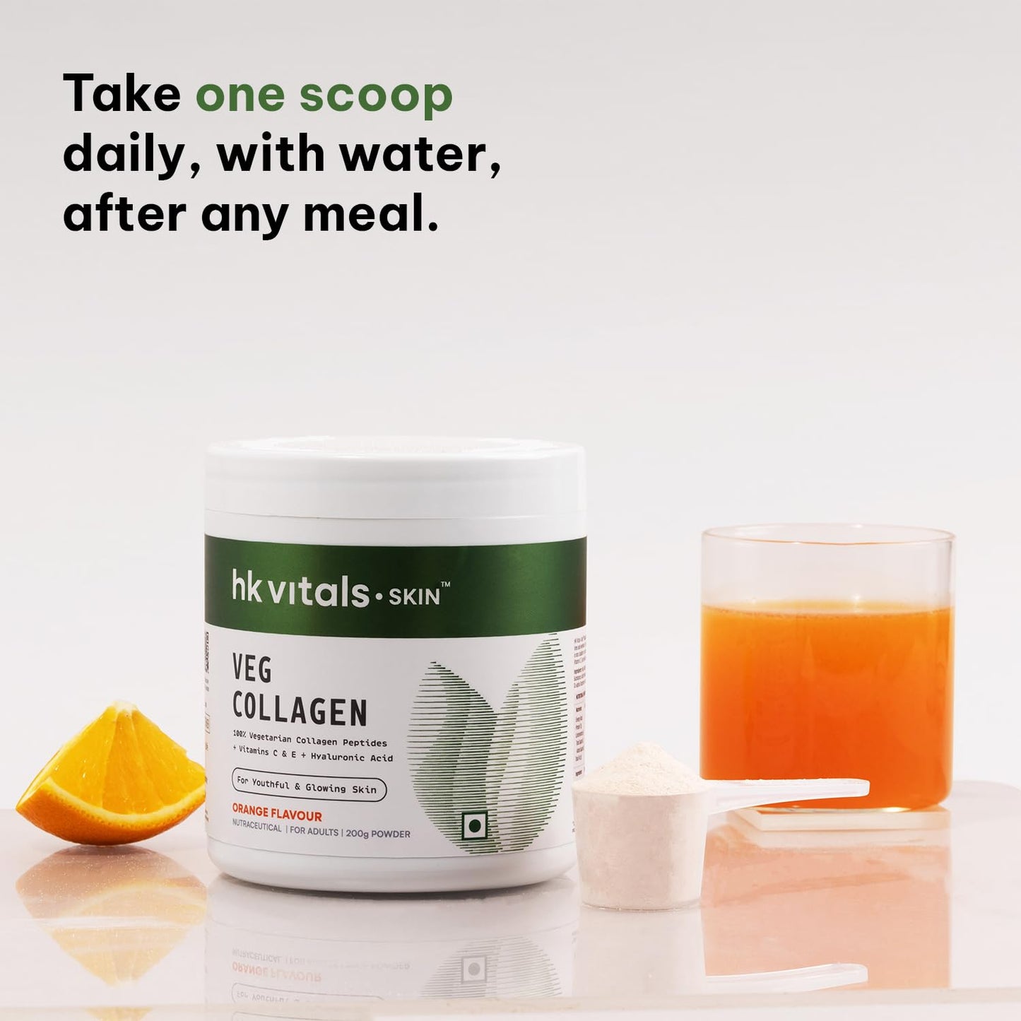 HealthKart hk vitals Veg Collagen Supplement (Orange, 200g) | With Biotin, Vitamin C, E, Sodium Hyaluronate | For Healthy Skin, Hair & Nails