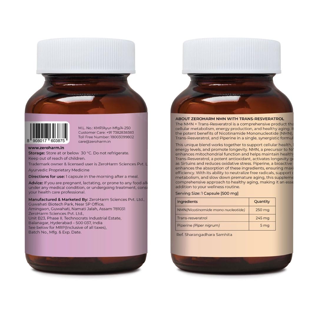 ZEROHARM NMN + Trans-Resveratrol 500 mg | High-Purity 99.5% NMN | Supports Healthy Aging, Cellular Energy, NAD+ Levels, Skin Health, Joint Support, Antioxidant | For Men & Women - 30 Veg Capsules
