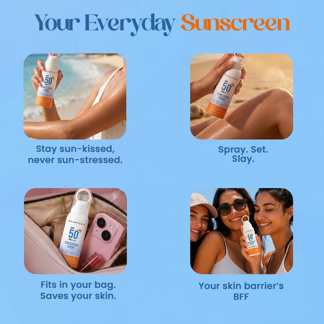 Glamveda Body Sunscreen Spray SPF 50 PA+++, Broad Spectrum UVA/UVB and Blue Light Protection, With Ceramides Peptides and Niacinamide, Quick Absorbing Waterproof Formula, No White Cast, For Men and Women, 100 gm