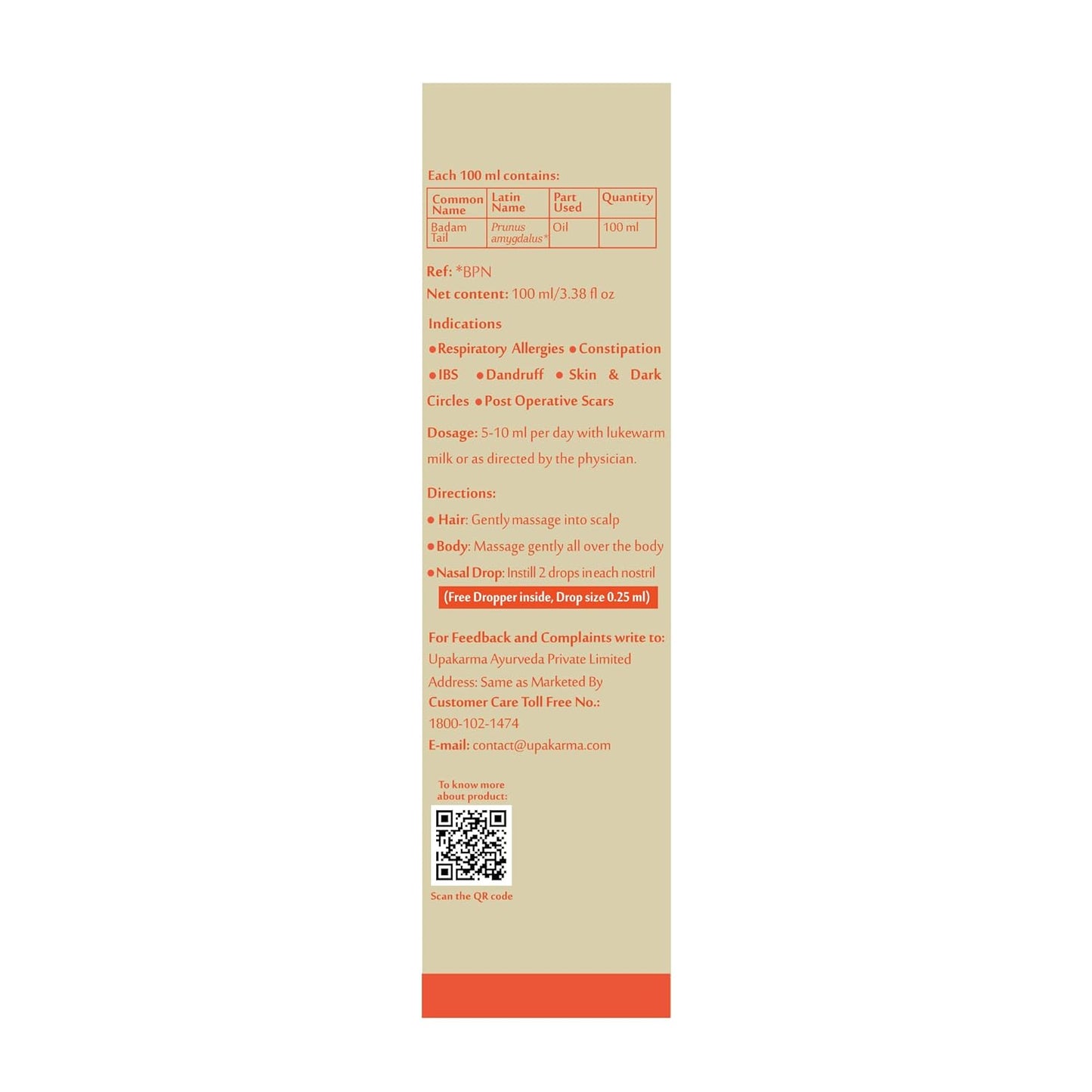 UPAKARMA Badam Oil | Pure and Natural Cold Pressed Sweet Almond/Badam Rogan Oil | Promotes Skin & Hair Health, 100ml - Pack of 1