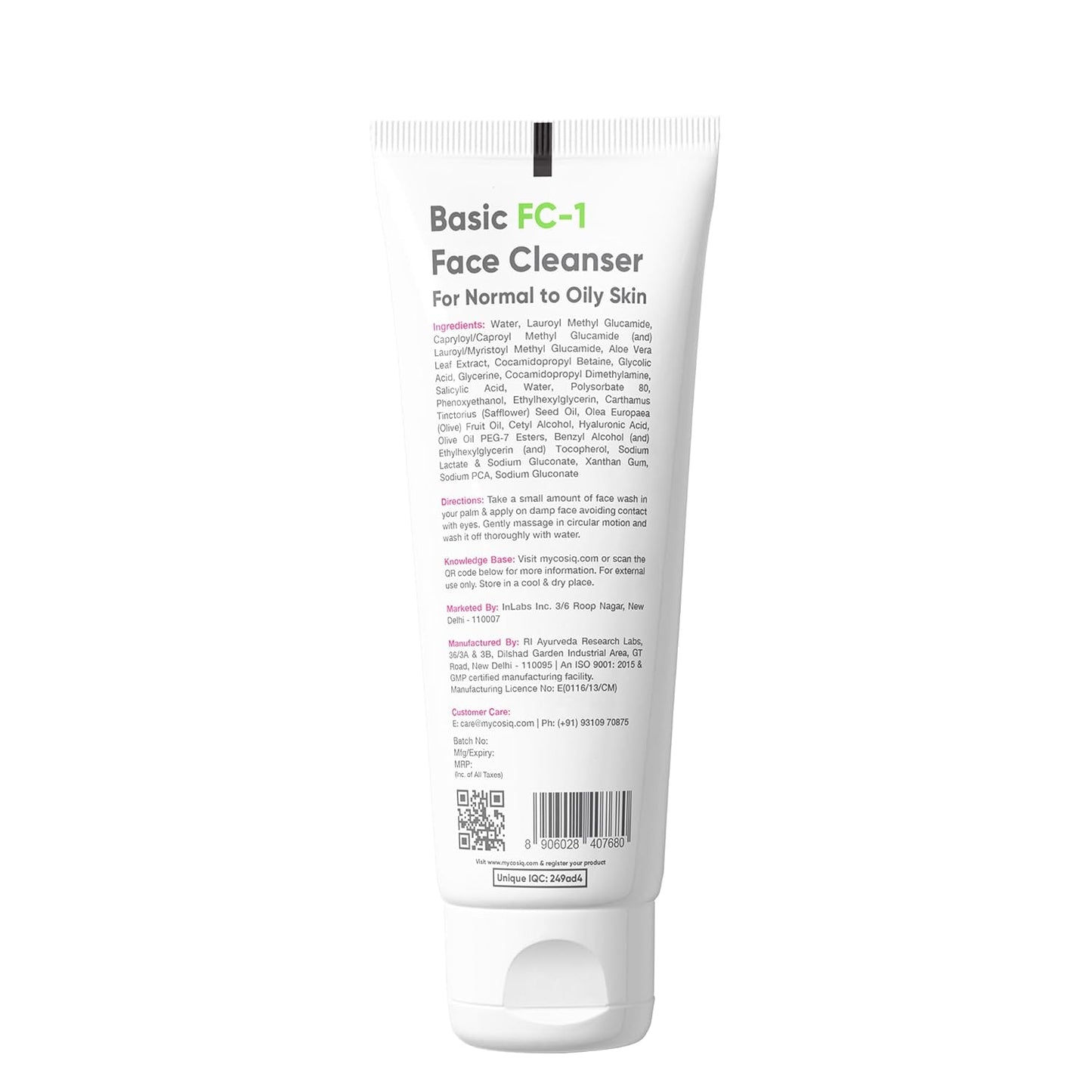 Cos-IQ FC-1 Face Wash for Oily Skin | Matte Finish, Non-Drying Daily Gentle Cleanser | Fight Acne & Pimples, Brightens Skin, Clears Dirt, Refreshing Feel | Non-Comedogenic for Men & Women | 100ml