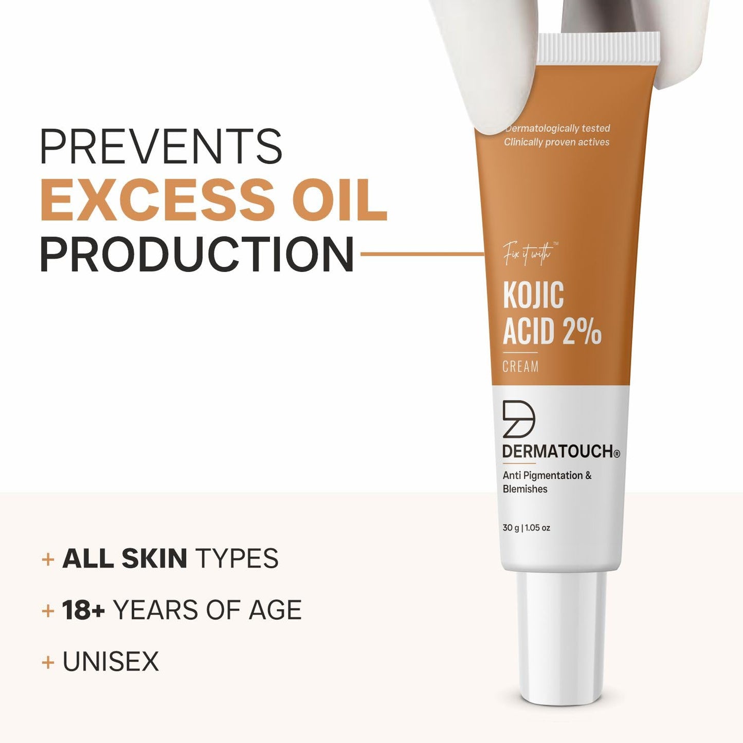 DERMATOUCH Kojic Acid 2% Cream | Non-greasy | For Pigmentation, Blemishes and Dark Spots reduction - 30G