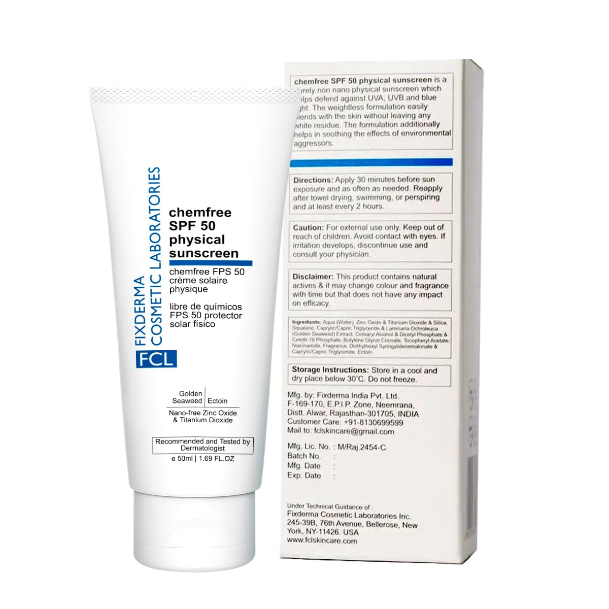 FCL Chemfree Physical Mineral Sunscreen SPF 50 | Sunscreen For Body & Face | Moisturizer For Acne Prone Skin | Sun Screen Protector SPF 50 | Mineral Sunscreen - 50ml
