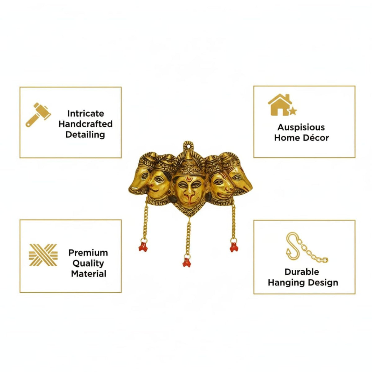 Kalakriti Panchmukhi Hanuman Ji Murti for Door Entrance, Gold Finish Wall Hanging Statue Showpiece for Main Gate, Decorative Hindu God Idol for Home Temple & Vastu Protection (Panchmukhi Hanuman)